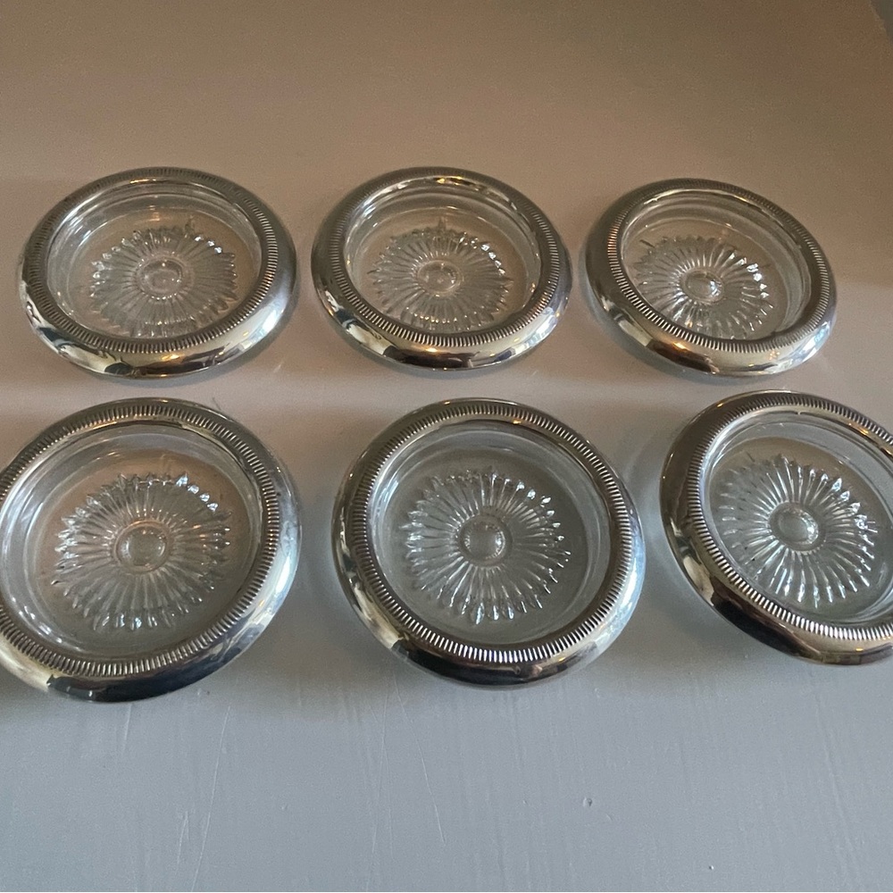 Vintage Mid Century Ashtrays perfect as Coasters Set of 6 Silver Rim Glass